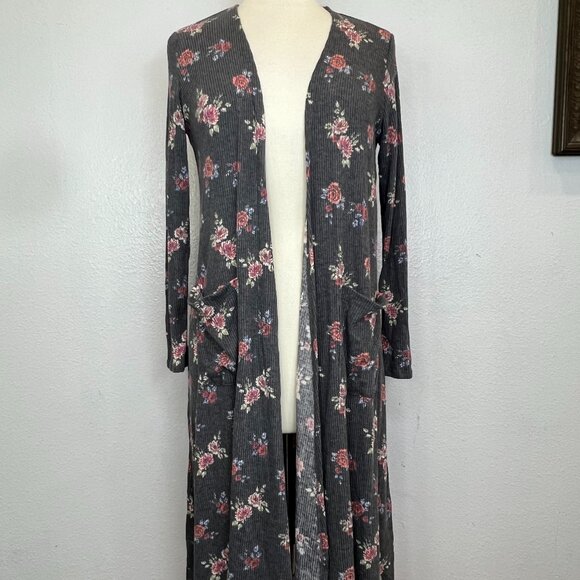 LuLaRoe Sarah Duster Cardigan Size S Small Gray Multicolor Floral Print Ribbed - Picture 1 of 6